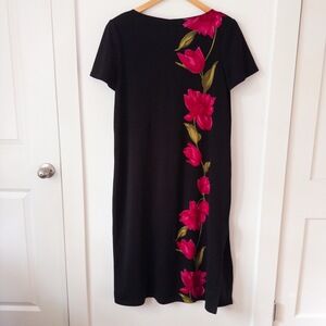 VTG 90s Black Tulip Floral Maxi Dress Short Sleeve‎ Romantic Grunge Minimalist